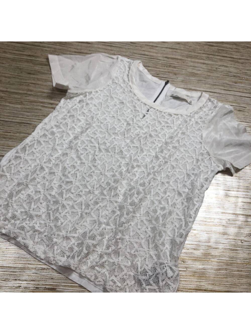 2481 Hi-Line cottage mixed media Lace Top silk sleeves sheer Shell Top ECRU M